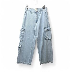 Y2K Wide Leg Cargo Jeans Light Wash Blue Denim Skater Streetwear Baggy Size 8